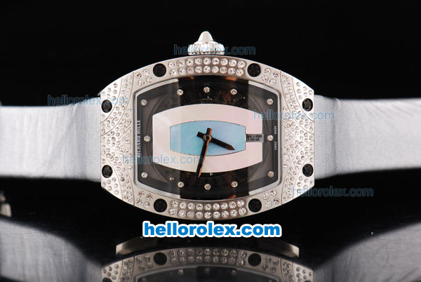 Richard Mille RM007 Automatic Movement Silver Case with Diamond Hour Marker and Diamond Bezel-Silver White Leather Strap - Click Image to Close
